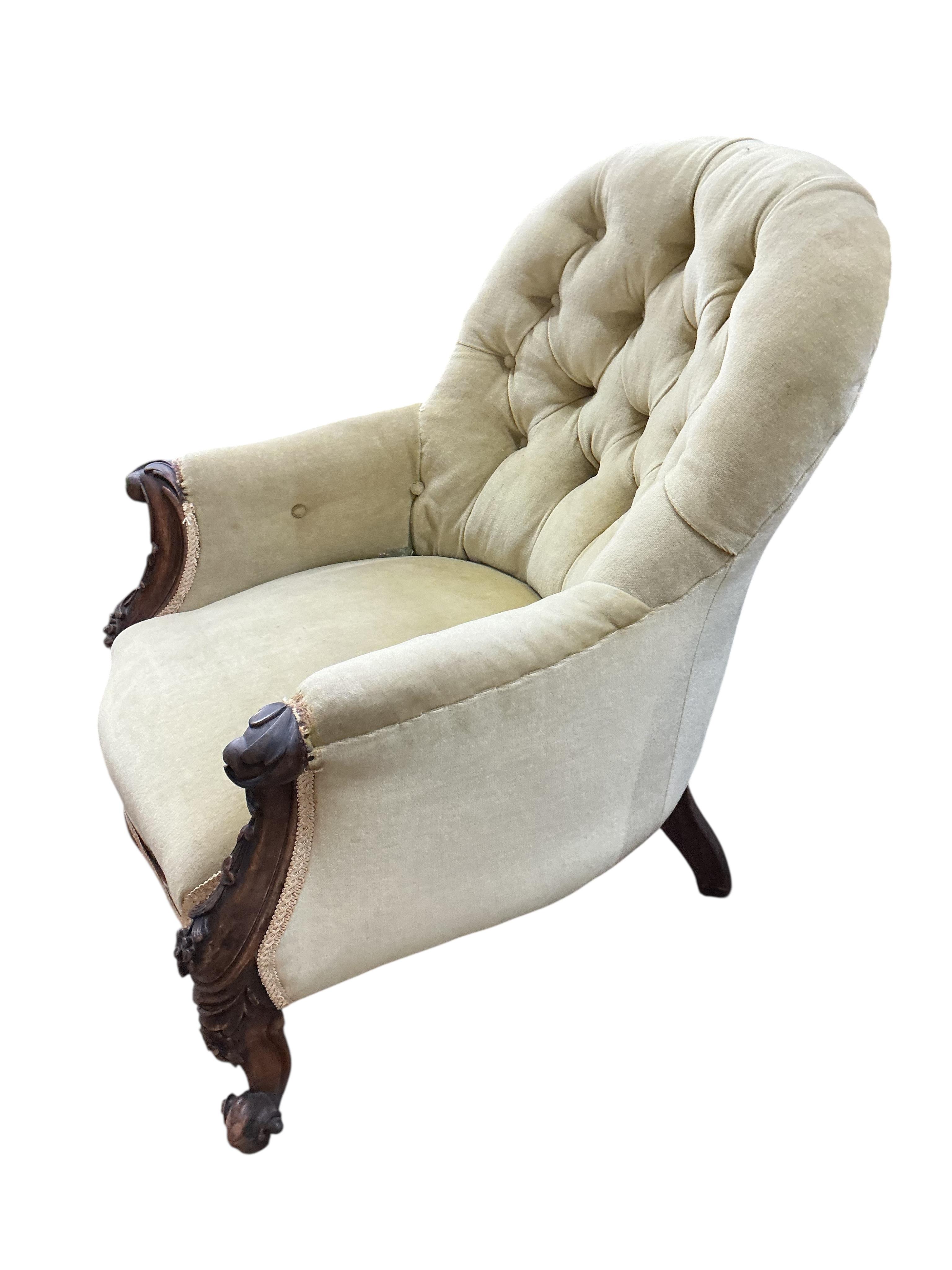A Victorian mahogany button back armchair, width 68cm, depth 80cm, height 84cm
